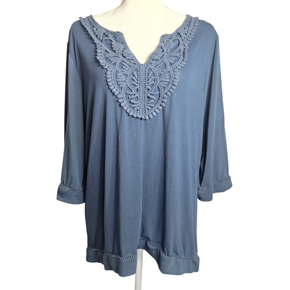 Simply Noelle Blouse Blue Lace Embroidered 3/4 Sleeve XL Womens